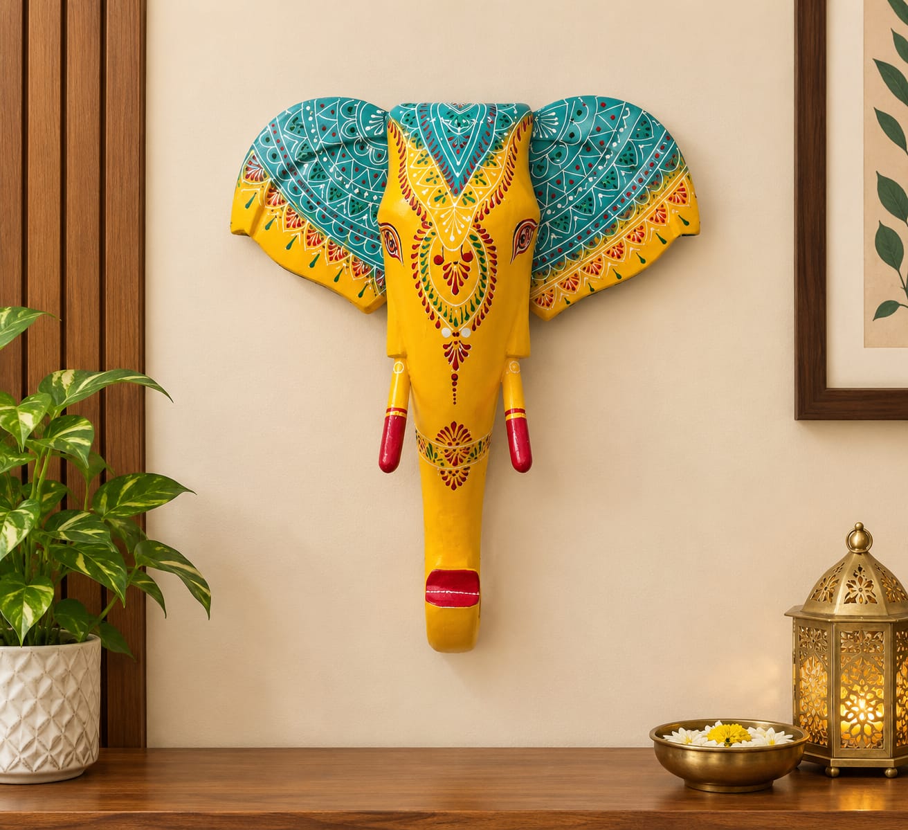 Hand-Painted Wooden Elephant Head Wall Decor – Indian Rajasthani Style Wall Hanging-SKU-SR-1010